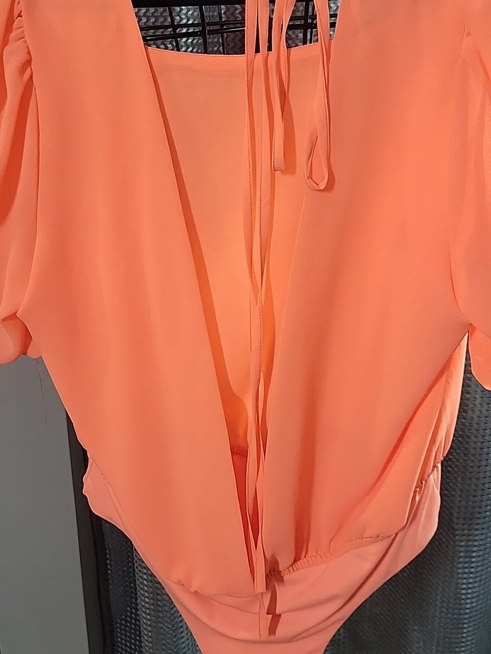 Coral Puff-Sleeve One-Piece Bodysuit with Back Tie - Picture 4 of 4
